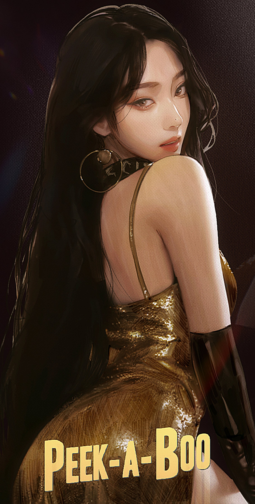 1girl absurdres ass black_choker black_gloves black_hair brown_eyes choker dress elbow_gloves from_behind gloves gold_dress highres joy_(red_velvet) k-pop long_hair looking_at_viewer nagamerin parted_lips real_life realistic red_velvet_(group) smile solo song_name very_long_hair
