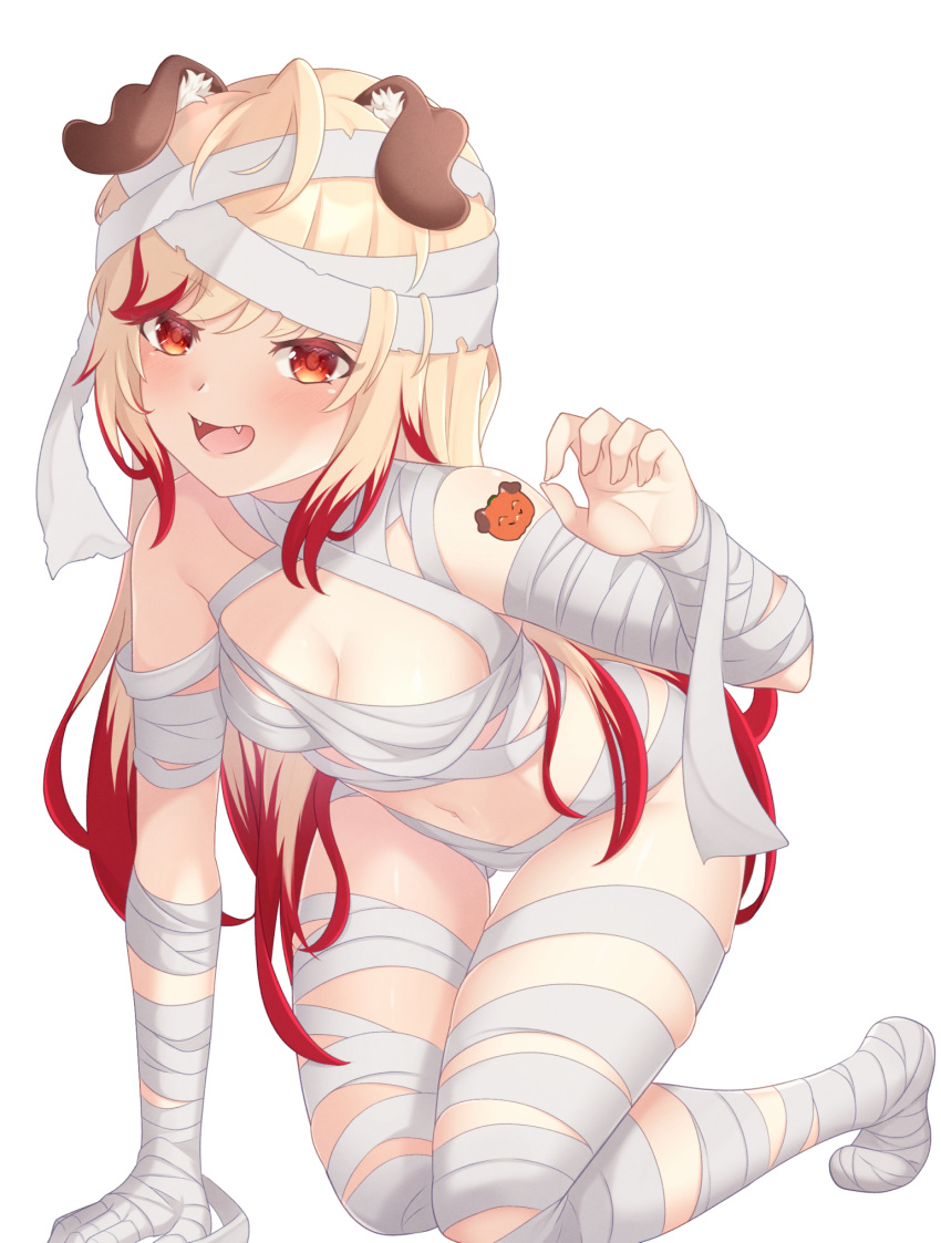 1girl animal_ear_fluff animal_ears arm_tattoo bandages blonde_hair blush breasts brown_eyes cleavage commentary_request dog_ears dog_girl fangs full_body halloween_costume highres jack-o'-lantern_tattoo kneeling long_hair looking_at_viewer medium_breasts multicolored_hair mummy_costume naked_bandage nanashi_inc. navel open_mouth red_eyes red_hair rin_(0917608) seshima_rui simple_background smile solo tattoo transparent_background two-tone_hair virtual_youtuber