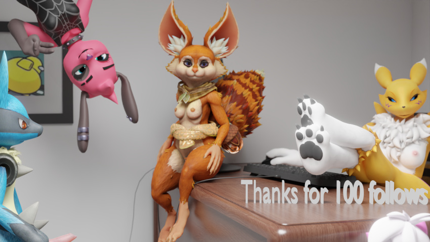 16:9 animal_crossing anthro bandai_namco cherry_(animal_crossing) clothing deltarune digimon digimon_(species) erection female generation_4_pokemon genitals group hi_res hoodwink_(dota) looking_at_viewer lucario male mammal nintendo nipples nude penis pokemon pokemon_(species) ralsei renamon smile text thicchips undertale_(series) widescreen