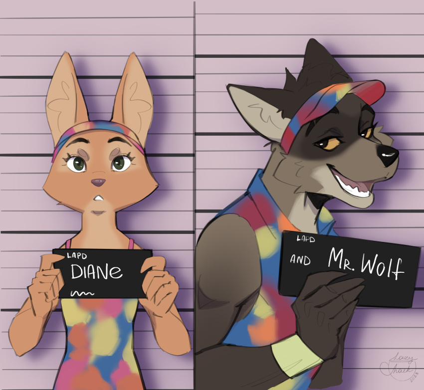 2023 5_fingers absurd_res anthro athletic barbie_and_ken_mugshot_meme canid canine canis clothed clothing diane_foxington digital_media_(artwork) dreamworks duo emotional emotions female fingers fox fur hair hi_res holding_object holding_sign invalid_tag jail_placard lazychaek looking_at_viewer male mammal meme mr._wolf_(the_bad_guys) mugshot number sign solo the_bad_guys topwear wolf