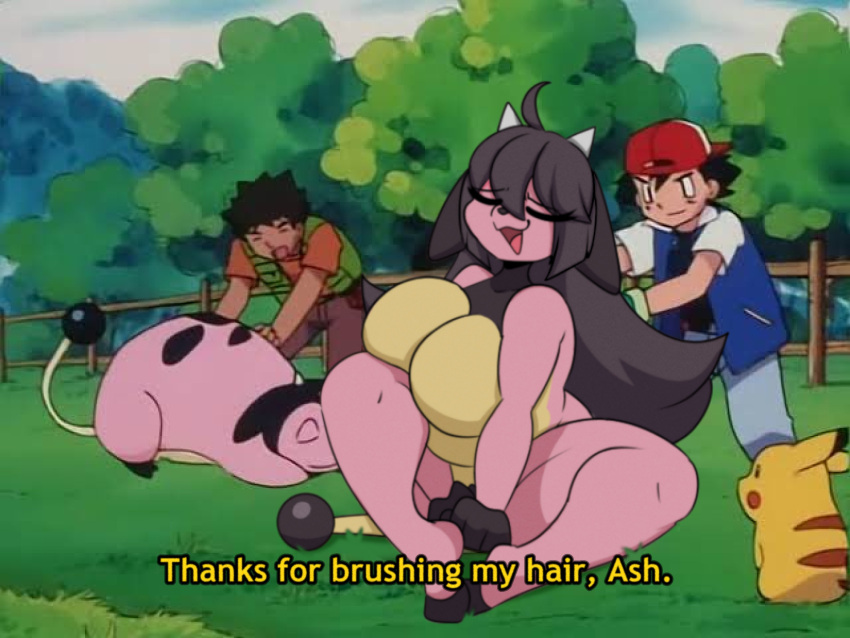 absurd_res anthro ash_ketchum big_breasts black_body black_fur breasts brock_(pokemon) dialogue eyelashes eyes_closed featureless_breasts female feral fur generation_1_pokemon generation_2_pokemon grey_hair gym_leader hair hi_res horn huge_breasts human i_am_kat95 long_hair mammal miltank nintendo open_mouth pikachu pink_body pink_fur pokemon pokemon_(species) sitting slightly_chubby solo tan_body tan_fur text thick_thighs wide_hips