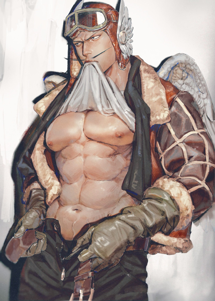 1boy abs bara bare_pectorals belt black_pants brown_belt brown_gloves brown_jacket clothes_lift gloves hat highres ihkopf jacket large_pectorals male_focus muscular muscular_male navel nipples one_piece open_belt open_clothes open_jacket open_pants pants pectorals shirt shirt_lift shura_(one_piece) solo white_shirt wings