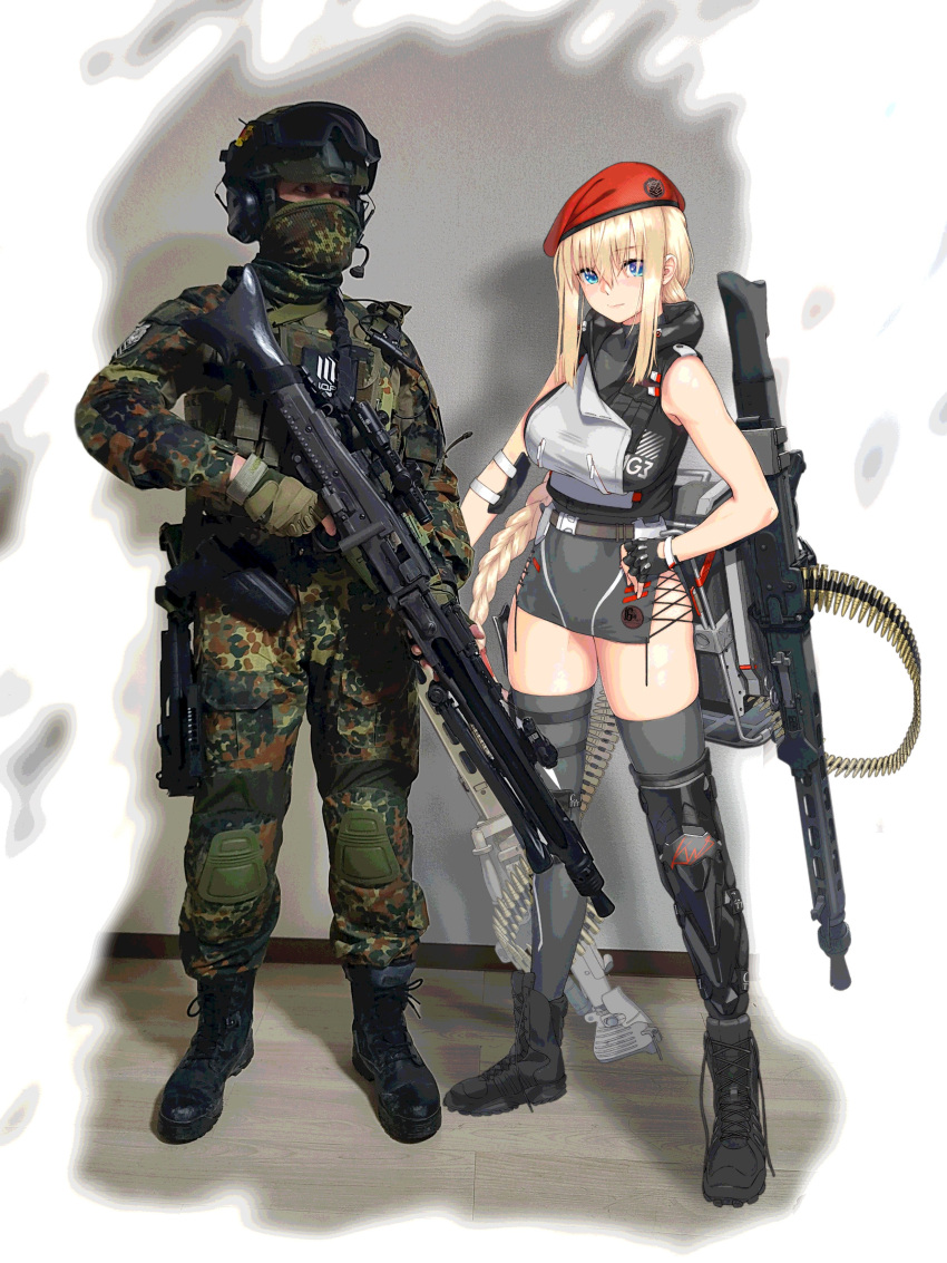 1boy 1girl absurdres belt beret black_footwear black_gloves blonde_hair blue_eyes boots braid breasts brown_gloves camouflage character_name closed_mouth english_commentary fingerless_gloves full_body girls'_frontline gloves goggles goggles_on_headwear grey_thighhighs gun hat helmet highres holding holding_gun holding_weapon large_breasts long_hair long_sleeves looking_at_viewer machine_gun mg3 mg3_(girls'_frontline) microphone military military_uniform mod3_(girls'_frontline) red_headwear single_braid skirt sleeveless standing thighhighs uniform very_long_hair weapon yoshicurtis