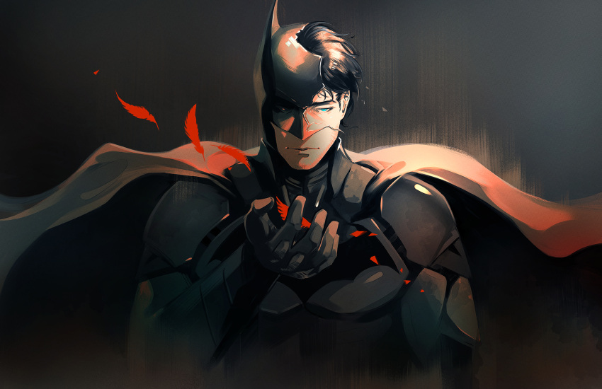 1boy batman batman_(series) black_cape black_gloves black_hair blue_eyes bodysuit broken_mask bruce_wayne cape closed_mouth dc_comics feathers gloves grey_background grey_bodysuit highres male_focus mask nichasheng short_hair simple_background solo superhero upper_body