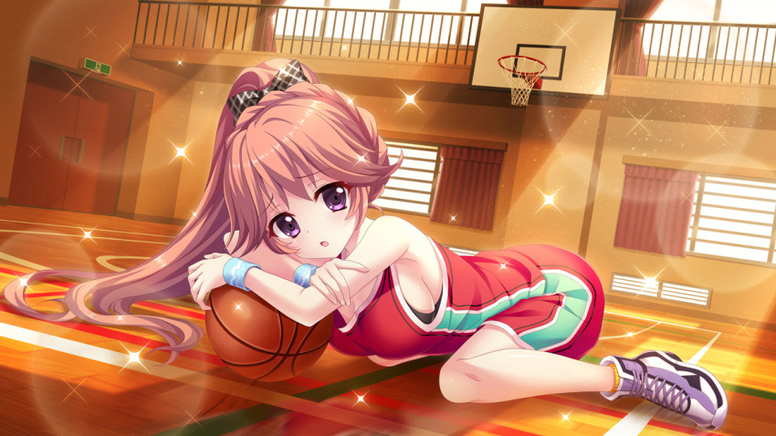 1girl armpit_crease ball bare_shoulders basketball basketball_(object) basketball_hoop basketball_uniform black_bow blue_wristband bow breasts curtains door dot_nose dutch_angle exit_sign film_grain game_cg gym haeno_akari hair_bow head_tilt high_ponytail indoors izumi_tsubasu large_breasts lens_flare long_hair looking_at_viewer lying non-web_source official_art on_stomach open_mouth orange_hair plaid plaid_bow purple_eyes railing re:stage! red_shorts red_tank_top shoes shorts sideboob sneakers socks solo sparkle sportswear sunlight tank_top white_footwear window wooden_floor yellow_socks