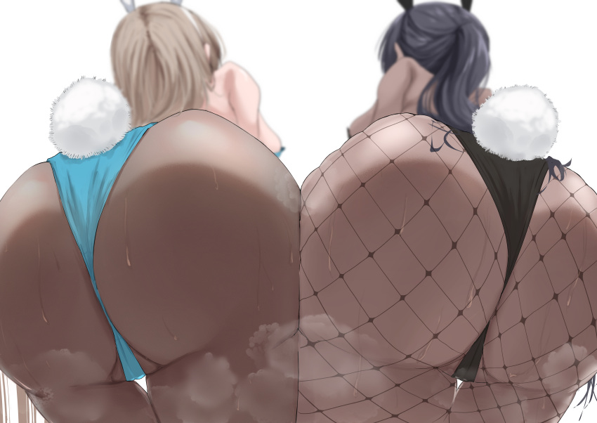 2girls absurdres animal_ears ass ass-to-ass ass_focus asuna_(blue_archive) asuna_(bunny)_(blue_archive) black_hair black_leotard blue_archive blue_leotard buchio_b dark-skinned_female dark_skin fake_animal_ears fake_tail highres huge_ass karin_(blue_archive) karin_(bunny)_(blue_archive) leotard light_brown_hair long_hair multiple_girls official_alternate_costume pantyhose playboy_bunny ponytail rabbit_ears rabbit_tail simple_background tail very_dark_skin white_background