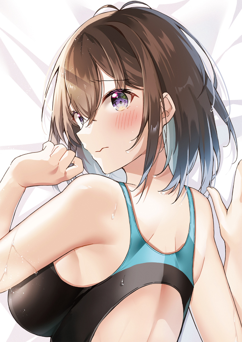 1girl bare_shoulders blush breasts closed_mouth competition_swimsuit cropped hair_between_eyes hand_up hawawa-chan_(shiro_kuma_shake) highres huge_breasts looking_at_viewer lying median_furrow medium_hair on_stomach one-piece_swimsuit original purple_eyes racerback raised_eyebrows shiro_kuma_shake sideboob sidelocks solo swimsuit upper_body wavy_mouth wet wet_hair