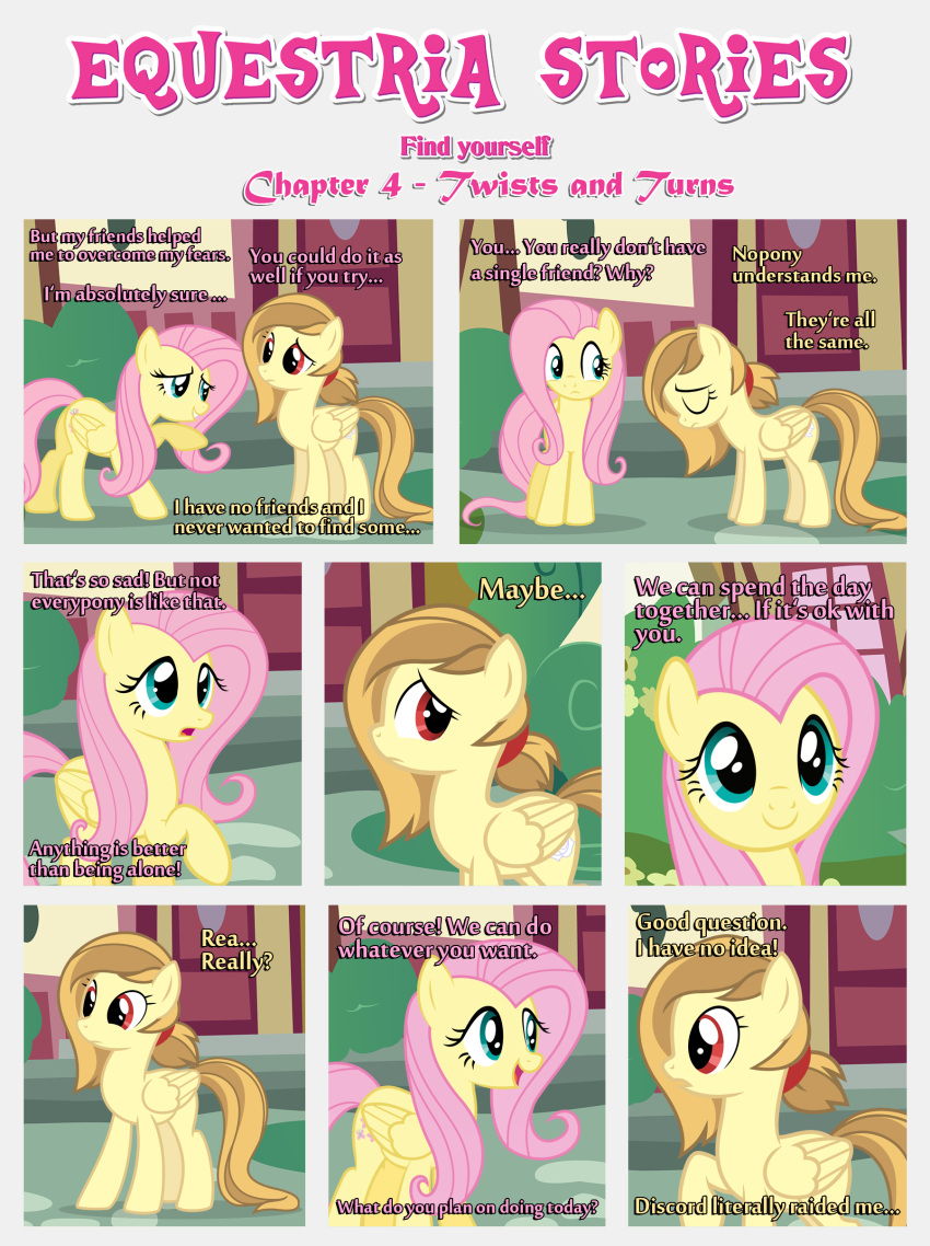 absurd_res alice_goldenfeather_(estories) black_border border building dialogue duo ears_up equid equine estories eyes_closed fake_cutie_mark female feral fluttershy_(mlp) folded_wings friendship_is_magic frown hasbro hi_res mammal my_little_pony open_mouth outside pegasus plant ponyville shrub side_glance smile standing uncomfortable wings