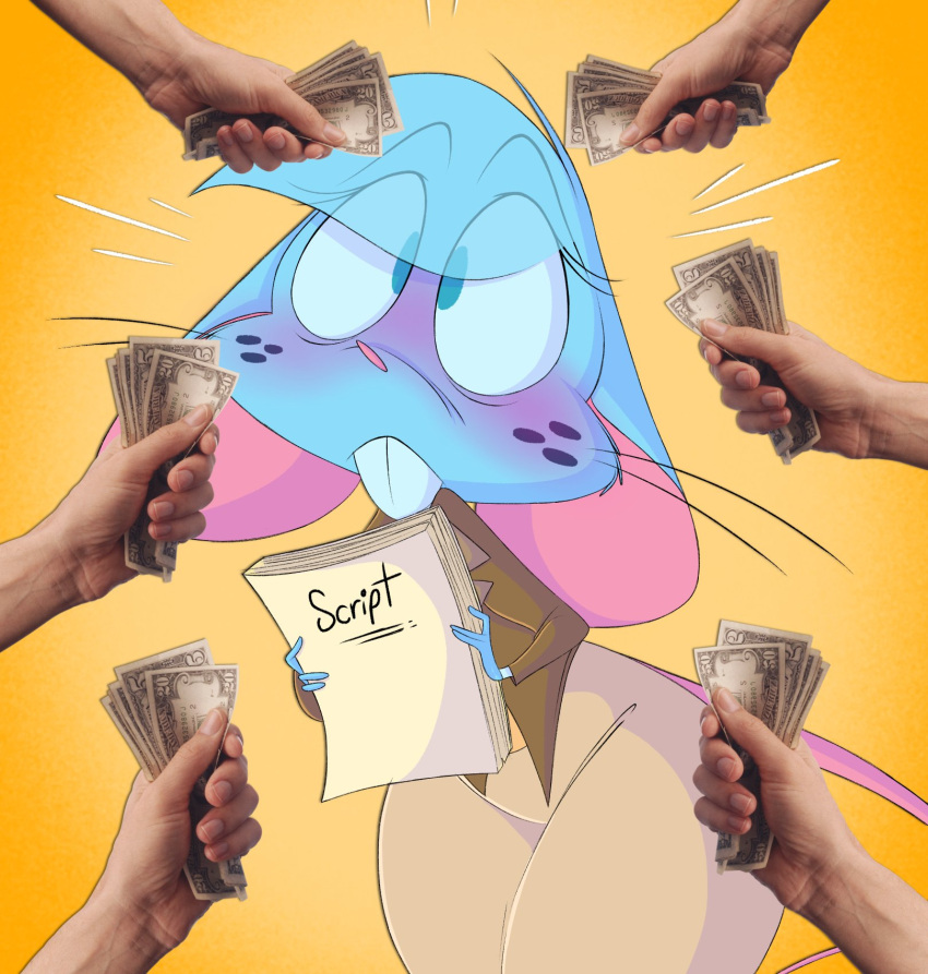 2023 4_fingers 5_fingers anthro banknote bar_emanata big_ears biped black_text blue_body blue_ears blue_eyes blue_freckles blue_fur blue_hair blue_tuft blush bottomwear brown_clothing brown_jacket brown_topwear buckteeth cheek_tuft clothed clothed_anthro clothed_female clothing colored digital_drawing_(artwork) digital_media_(artwork) emanata english_text eye_through_hair eyebrow_through_hair eyebrows eyelashes eyelashes_through_hair facial_tuft female female_anthro fingernails fingers front_view fur furgonomic_bottomwear hair hi_res holding_money holding_object holding_paper jacket mammal mia_mouse mixed_media money mouse mouse_tail murid murine nails no_pupils paper pencil_skirt pink_inner_ear pink_nose pink_tail portrait purple_blush rodent script silentjack simple_background skirt solo standing stock_image tail tan_bottomwear tan_clothing tan_skirt teeth text three-quarter_portrait topwear translucent translucent_hair tuft whiskers white_emanata yellow_background