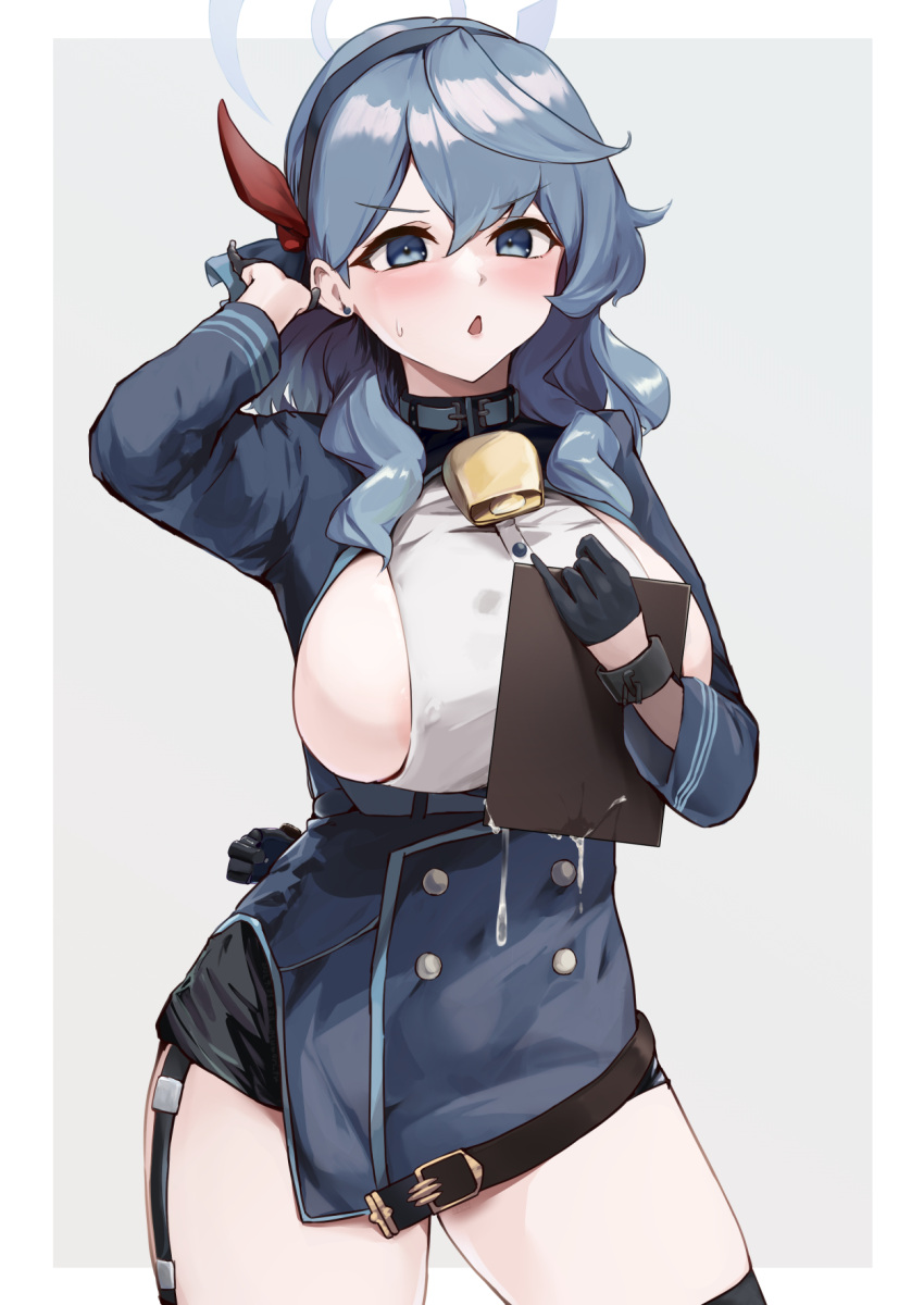 1girl :o ako_(blue_archive) areola_slip arm_up bell black_gloves blue_archive blue_collar blue_eyes blue_hair border breasts clipboard collar cowbell garter_straps gloves hairband half_gloves halo highres large_breasts medium_hair neck_bell oza_osuwari solo suggestive_fluid sweatdrop thighs v-shaped_eyebrows wavy_hair white_border