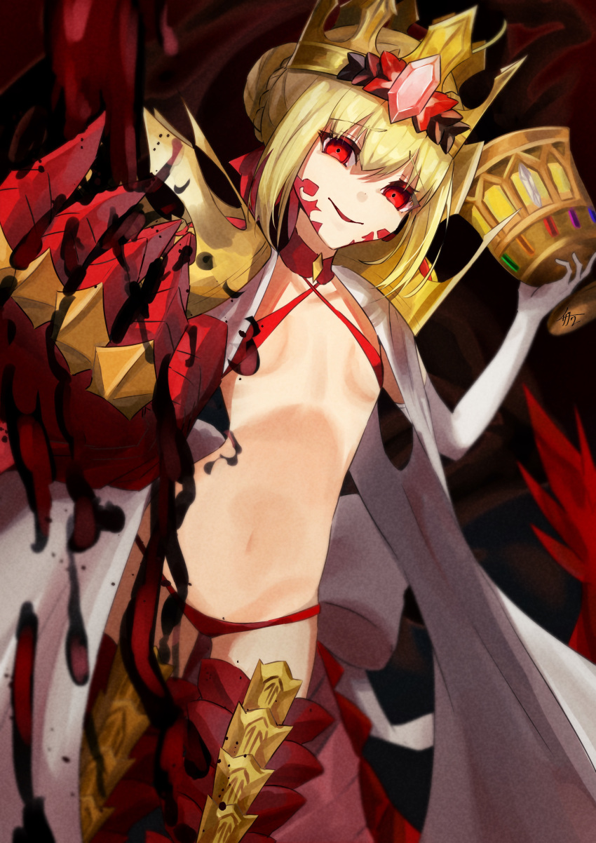 absurdres armored_legwear bikini blonde_hair braid breasts chalice crown dragon_claw dragon_tail elbow_gloves facial_mark fate/grand_order fate/grand_order_arcade fate_(series) french_braid gloves grail highres holy_grail_(fate) horns izanaware_game long_horns looking_at_viewer nero_claudius_(fate) queen_draco_(fate) queen_draco_(second_ascension)_(fate) red_bikini red_eyes revealing_clothes robe scales small_breasts smile swimsuit tail white_gemstone white_robe