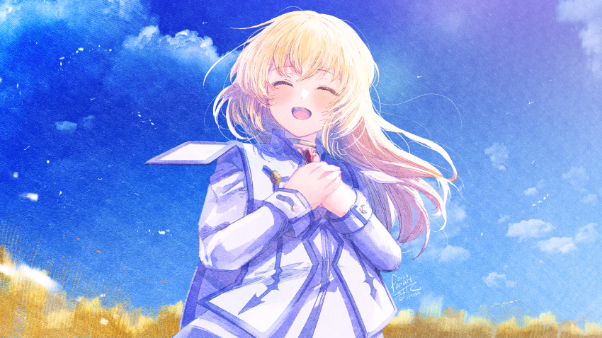 1girl :d ^_^ blonde_hair blue_sky closed_eyes cloud colette_brunel commentary_request day facing_viewer floating_hair highres ittokyu jacket long_hair long_sleeves outdoors own_hands_together signature sky smile solo tales_of_(series) tales_of_symphonia upper_body white_jacket