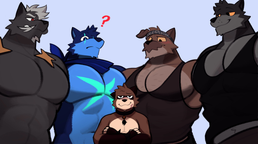 abs absurd_res anthro biceps black_body black_eyes black_fur blue_body blue_eyes blue_fur bottomwear brown_body brown_fur canid canine canis clothing collar crossed_arms domestic_dog facial_scar fur grey_hair group hair hi_res kerchief male mammal meme multicolored_body multicolored_fur muscular muscular_anthro muscular_male pants pecs piper_perri_surrounded procyonid raccoon red_eyes rygel_spkb scar shirt shirtless_male simple_background smile standing tank_top topwear two_tone_body two_tone_fur wolf yellow_eyes