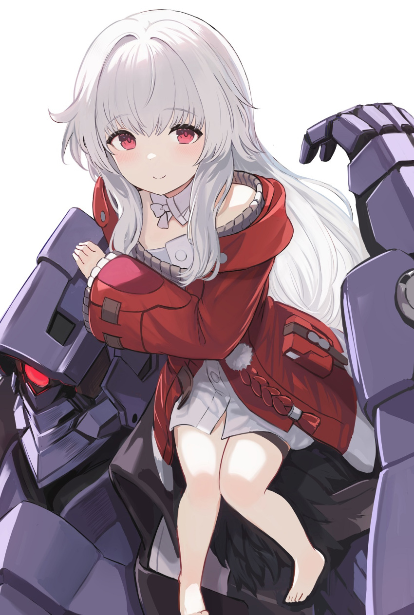 1girl bare_legs clara_(honkai:_star_rail) coat enumiyaa highres honkai:_star_rail honkai_(series) long_hair looking_at_viewer red_coat red_eyes robot sitting_on_shoulder smile svarog_(honkai:_star_rail) sweater thigh_strap white_hair