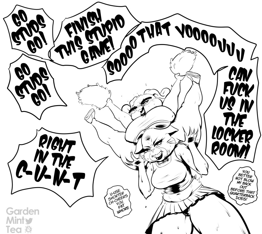 2023 5_fingers absurd_res anthro arms_bent artist_name big_breasts biped black_and_white black_text bodily_fluids bold_text bottomwear breast_size_difference breasts buckteeth cartoon_network cheerleader cheerleader_outfit clenched_teeth clothed clothed_anthro clothed_female clothing countershade_face countershading crop_top digital_drawing_(artwork) digital_media_(artwork) domestic_cat duo ears_down elderly_anthro elderly_female english_text extended_arms extended_legs eyebrows eyelashes eyewear felid feline felis female female/female fingers floppy_ears footwear frown fully_clothed fur fur_tuft furaffinity furaffinity_logo gardenminttea glasses glistening glistening_lips head_tuft heavy_bolding hi_res holding_another huge_breasts humanoid_hands insult joanna_watterson lagomorph leaning leaning_forward leg_grab leporid lips logo long_ears long_eyelashes mammal mary_senicourt mature_anthro mature_female midriff miniskirt monochrome narrowed_eyes navel open_mouth panties pivoted_ears pom_poms prick_ears profanity rabbit shirt shoes skirt speech_bubble spread_legs spreading standing struggling stuttering sweat teeth text text_emphasis the_amazing_world_of_gumball thick_bottom_lip thick_thighs thigh_grab tongue topwear tuft twitter twitter_logo under_boob underwear whiskers