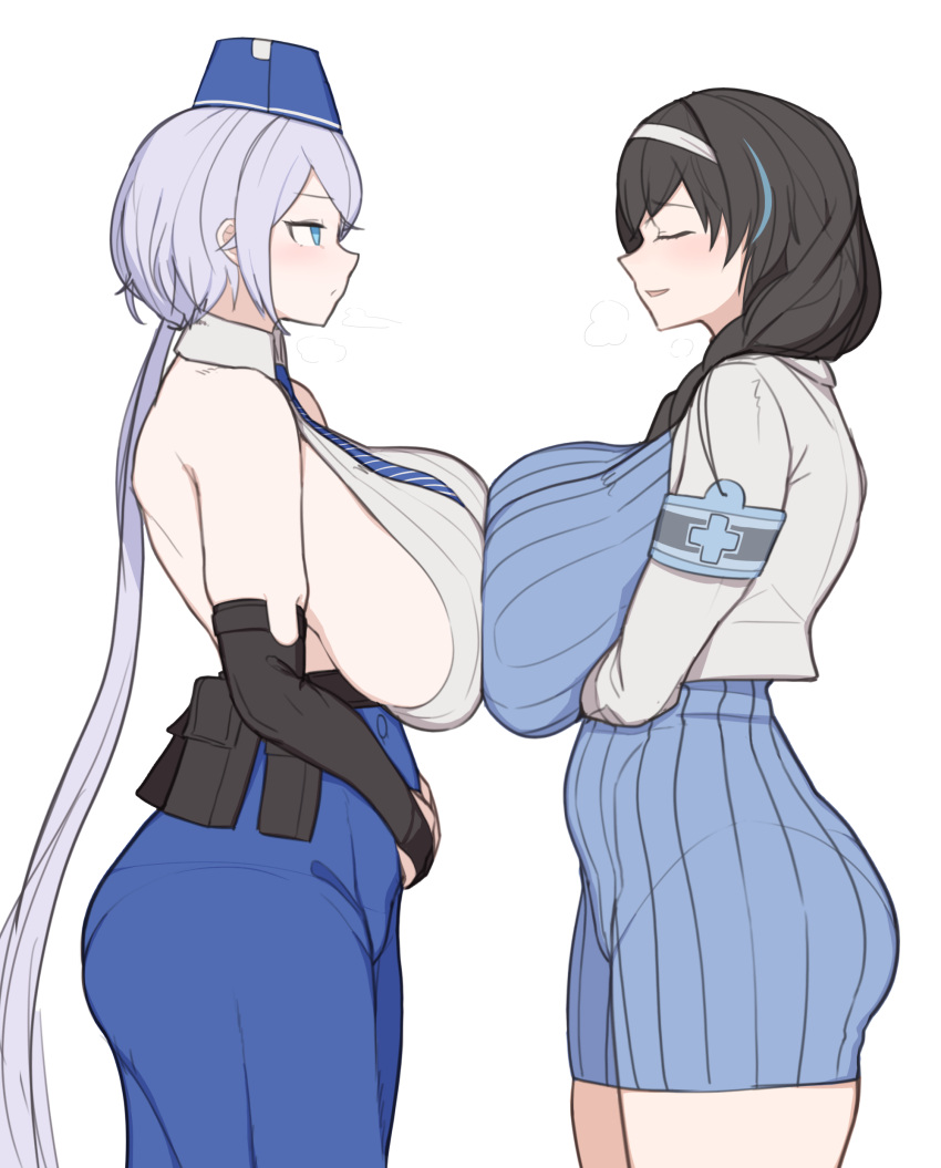 2girls absurdres armband arms_under_breasts backless_outfit backless_shirt bare_shoulders belt_pouch black_hair blue_dress blue_eyes blue_headwear blue_necktie blue_skirt blush braid braided_ponytail breast_press breasts brid_(nikke) bridal_gauntlets closed_eyes closed_mouth collared_shirt commentary cowboy_shot dress from_side garrison_cap goddess_of_victory:_nikke grey_hair gya_rb hair_between_eyes hair_over_shoulder hairband hat high-waist_skirt highres huge_breasts jacket long_hair long_skirt looking_at_another low-tied_long_hair low_ponytail mary_(nikke) multiple_girls necktie parted_lips pouch shirt sideboob sidelocks simple_background skirt sleeveless smile standing striped_necktie sweater sweater_dress symmetrical_docking white_background white_hairband white_jacket white_shirt