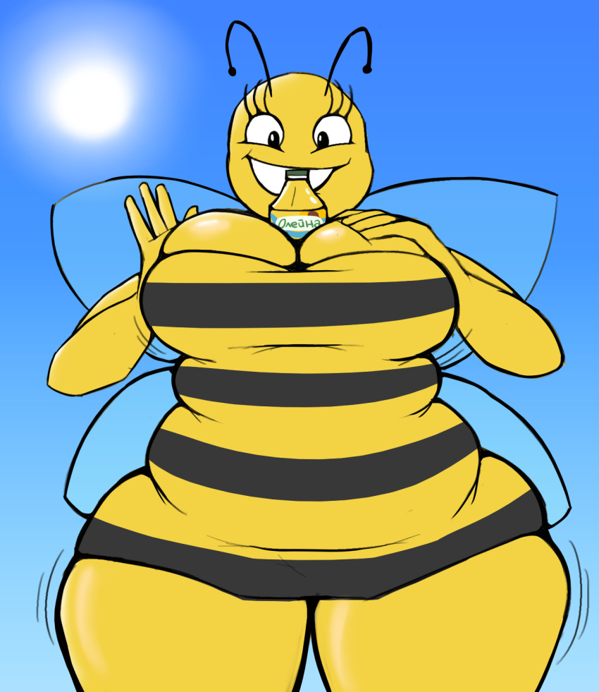 anonymous_artist antennae_(anatomy) anthro arthropod bee between_breasts big_breasts black_antennae black_clothing black_dress black_eyelashes black_eyes blue_sky breasts chubby_female cleavage cleavage_overflow clothed clothing cooking_oil dress eyelashes female glistening glistening_eyes grin hand_on_breast hi_res hymenopteran insect insect_wings long_eyelashes multicolored_clothing multicolored_dress noseless object_between_breasts oil outside pattern_clothing pattern_dress russian_cooking_oil_commercial shaded simple_background simple_shading sky smile solo striped_clothing striped_dress stripes sun teeth teeth_showing thick_thighs translucent translucent_wings two_tone_clothing two_tone_dress wide_hips wings yellow_body yellow_clothing yellow_dress