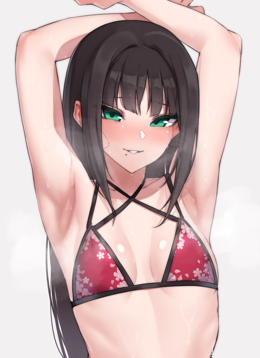 1girl absurdres armpits arms_up bare_arms bare_shoulders bikini black_hair blush breasts collarbone commentary criss-cross_halter ear_blush floral_print green_eyes grey_background half-closed_eyes halterneck highres kurosawa_dia long_hair looking_at_viewer love_live! love_live!_sunshine!! messy_hair mole mole_under_mouth nasuno_(nasuno42) nose_blush parted_lips print_bikini red_bikini revision seductive_smile sidelocks simple_background small_breasts smile solo steaming_body sweat swimsuit tsurime upper_body water_drop wet wet_hair