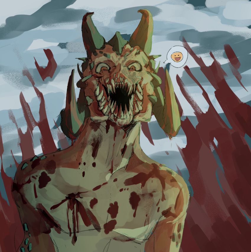 ambiguous_gender anthro baldur's_gate blood blood_in_mouth blood_on_face bodily_fluids dungeons_and_dragons fangs happy hasbro hi_res horn looking_at_viewer looking_happy monster nude open_mouth pecs scales sharp_teeth shshshpen simple_background smile smiley_face smiling_at_viewer solo teeth the_dark_urge_(baldur's_gate) wizards_of_the_coast