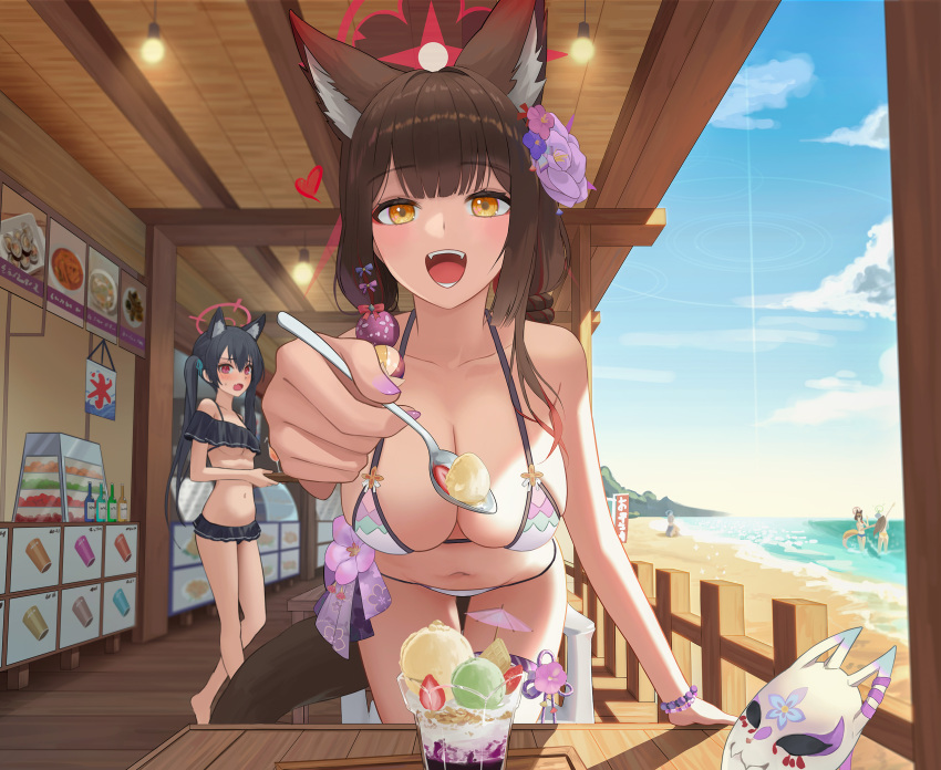 5girls :d animal_ear_fluff animal_ears beach bikini black_hair blue_archive blue_sky breasts brown_hair cat_ears cat_girl cloud day fangs flower food fox_ears fox_girl fox_tail fruit hair_flower hair_ornament halo heart highres holding holding_spoon ice_cream_scoop incoming_food izuna_(blue_archive) izuna_(swimsuit)_(blue_archive) large_breasts leaning_forward looking_at_viewer mask mask_removed multiple_girls navel nonomi_(blue_archive) nonomi_(swimsuit)_(blue_archive) ocean open_mouth parfait pov red_eyes serika_(blue_archive) serika_(swimsuit)_(blue_archive) shiroko_(blue_archive) shiroko_(swimsuit)_(blue_archive) shop shugo_15 sign sky small_breasts smile spoon stomach strawberry swimsuit table tail teeth twintails wakamo_(blue_archive) yellow_eyes