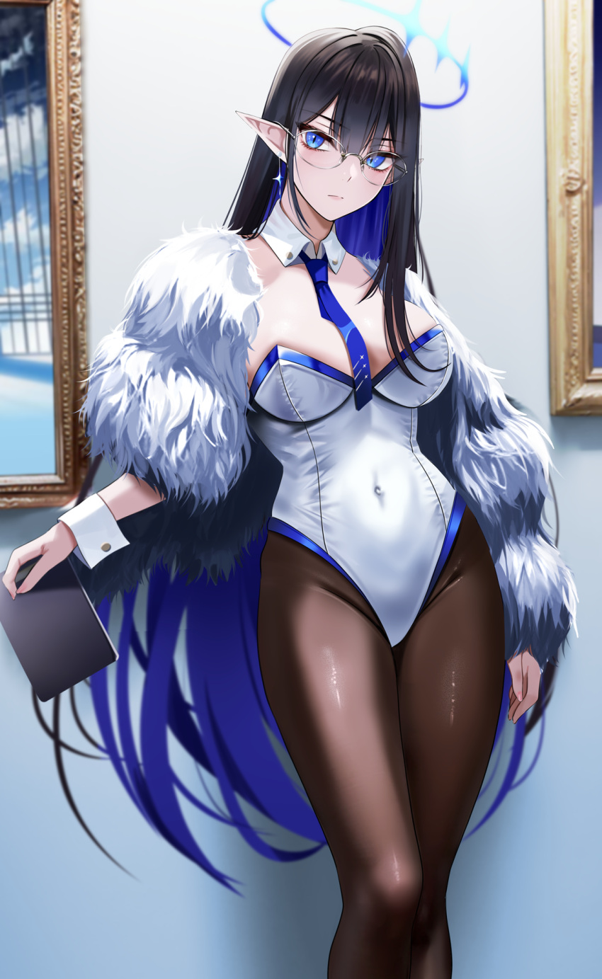 1girl black_hair blue_archive blue_eyes blue_hair blush breasts colored_inner_hair earrings eyeliner glasses halo highres jewelry large_breasts leotard long_hair looking_at_viewer makeup multicolored_hair nicky_w pointy_ears rin_(blue_archive) solo very_long_hair white_leotard