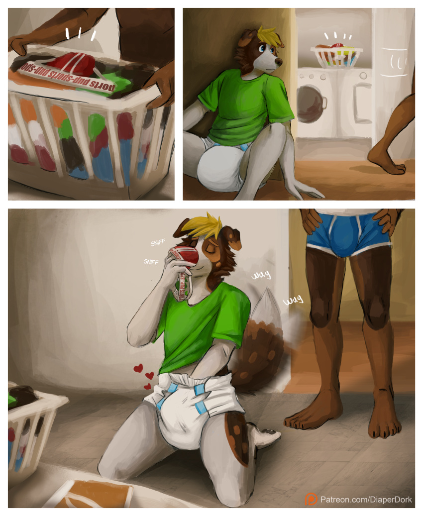 absurd_res anthro canid canine canis clothed clothing diaper diaper_fetish diaperdork digital_media_(artwork) domestic_dog duo hi_res infantilism jockstrap male male/male mammal masturbation sniffing underwear underwear_sniffing wearing_diaper