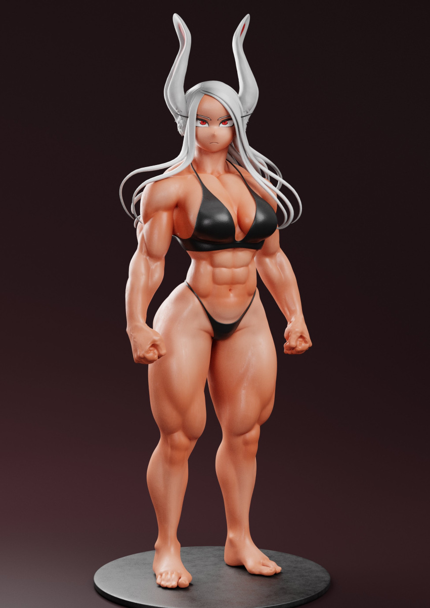 1girl 3d absurdres bikini boku_no_hero_academia breasts caidoheraldo cleavage clenched_hands frown highres large_breasts long_eyelashes long_hair looking_at_viewer mirko muscular muscular_female red_eyes solo swimsuit thick_thighs thighs white_hair