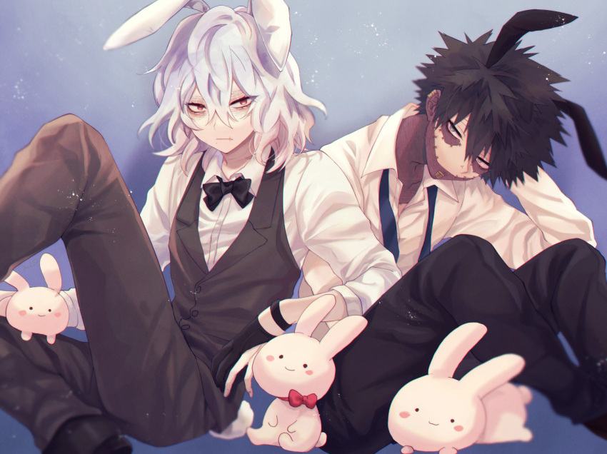 2boys animal_ears anoko_(darenokoanoko) black_bow black_bowtie black_gloves black_hair black_pants black_vest blue_eyes boku_no_hero_academia bow bowtie burn_scar cheek_piercing dabi_(boku_no_hero_academia) ear_piercing gloves male_focus medium_hair multiple_boys multiple_piercings multiple_scars pants piercing rabbit rabbit_ears red_eyes scar scar_on_face shigaraki_tomura shirt short_hair spiked_hair staple stapled vest white_hair white_shirt wrinkled_skin