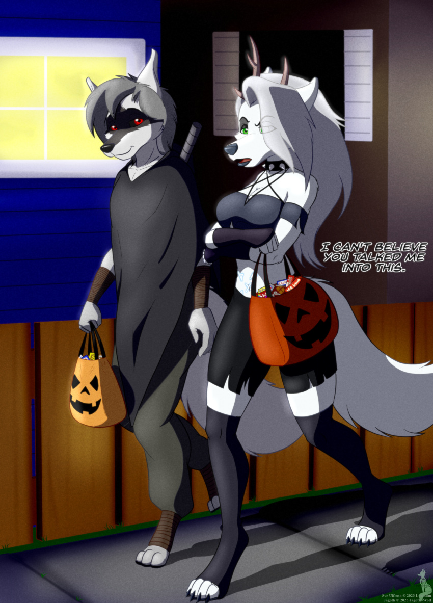 absurd_res anthro bag canid canine canis clothed clothing costume death_(puss_in_boots) digital_media_(artwork) duo english_text female fur grey_hair hair halloween helluva_boss hi_res holidays jagoth_wolf jorge-the-wolfdog loona_(helluva_boss) male male/female mammal puss_in_boots_the_last_wish sidewalk simple_background smile smiling_at_partner sve sve_ulfrota text upset walking white_body white_fur wolf