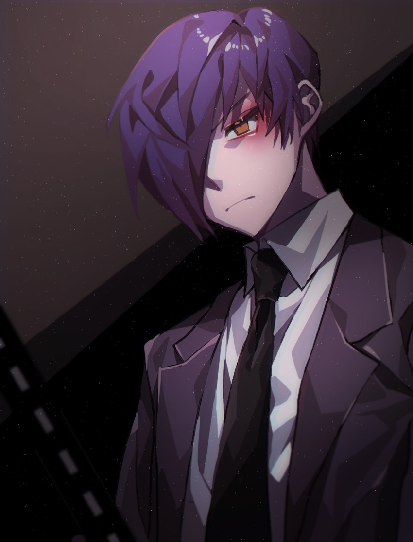 1boy black_jacket black_necktie brown_eyes closed_mouth collared_shirt commentary english_commentary frown hair_over_one_eye highres jacket library_of_ruina light_particles male_focus necktie open_clothes open_jacket project_moon purple_hair shirt short_hair solo solo_a white_shirt yesod_(project_moon)