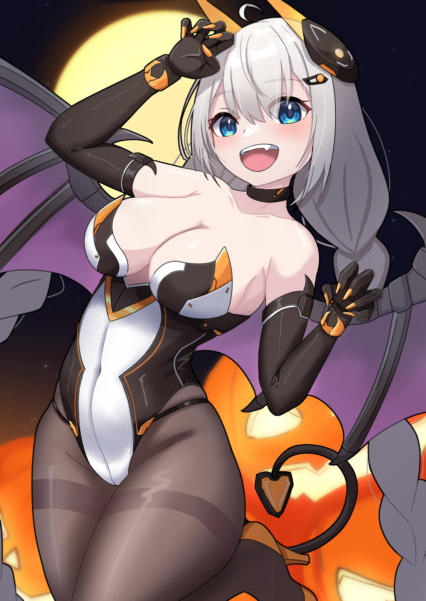 1girl absurdres blue_eyes bodysuit braid breasts demon_horns demon_tail elbow_gloves fake_horns fake_tail fang gloves grey_hair hair_ornament halloween halloween_costume highres horns jack-o'-lantern kizuna_akari large_breasts leotard long_hair nise_no_tsubo open_mouth paw_pose skin_tight solo tail twin_braids very_long_hair voiceroid