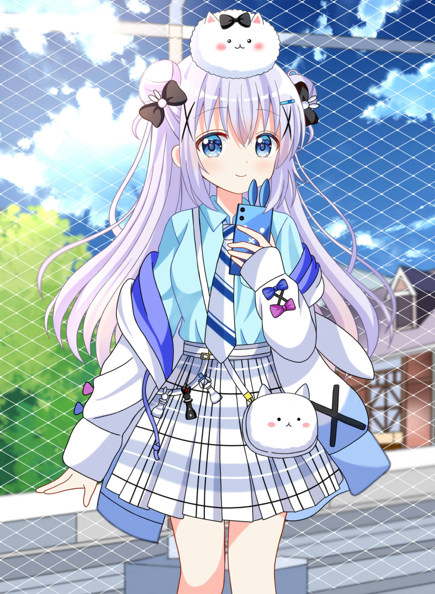 1girl absurdres angora_rabbit animal_on_head blue_eyes blue_hair bow closed_mouth double_bun gochuumon_wa_usagi_desu_ka? hair_bow hair_bun hair_ornament highres holding holding_phone kafuu_chino light_blue_hair long_hair long_sleeves looking_at_viewer necktie on_head phone rabbit rabbit_on_head ryoutan x_hair_ornament