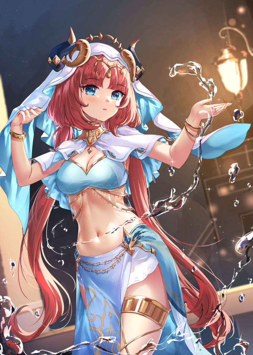 1girl blue_eyes blurry blurry_background breasts chahei cleavage commentary_request depth_of_field fake_horns genshin_impact hands_up highres horns hydrokinesis indoors long_hair low_twintails medium_breasts navel nilou_(genshin_impact) parted_bangs parted_lips red_hair solo standing twintails veil very_long_hair wall_lamp water