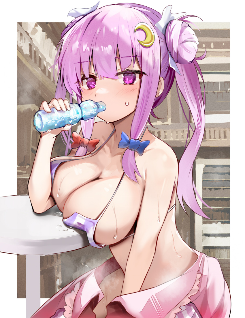 1girl alternate_hairstyle blue_bow blush bottle bow breasts cleavage collarbone crescent crescent_hair_ornament efe hair_bow hair_ornament highres holding holding_bottle large_breasts long_hair patchouli_knowledge purple_eyes purple_hair ramune red_bow sidelocks solo touhou upper_body