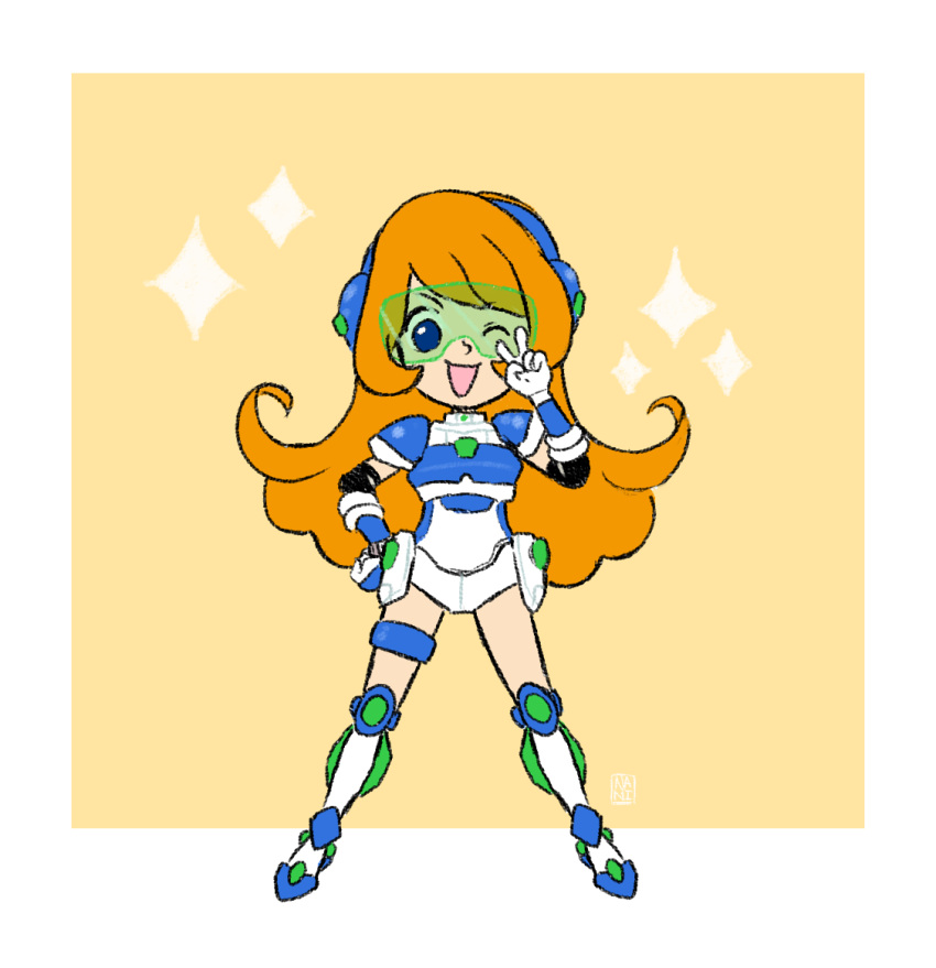 1girl arm_warmers armor blue_armor blue_eyes blue_footwear blue_headwear boots breastplate commission cutie-png elbow_pads english_commentary formal full_body gloves hand_on_own_face hand_on_own_hip headphones long_hair mecha mona_(warioware) official_alternate_costume one_eye_closed open_mouth orange_hair robot short_sleeves smile sparkle suit thigh_strap two-tone_footwear v warioware white_footwear white_gloves white_suit yellow_background