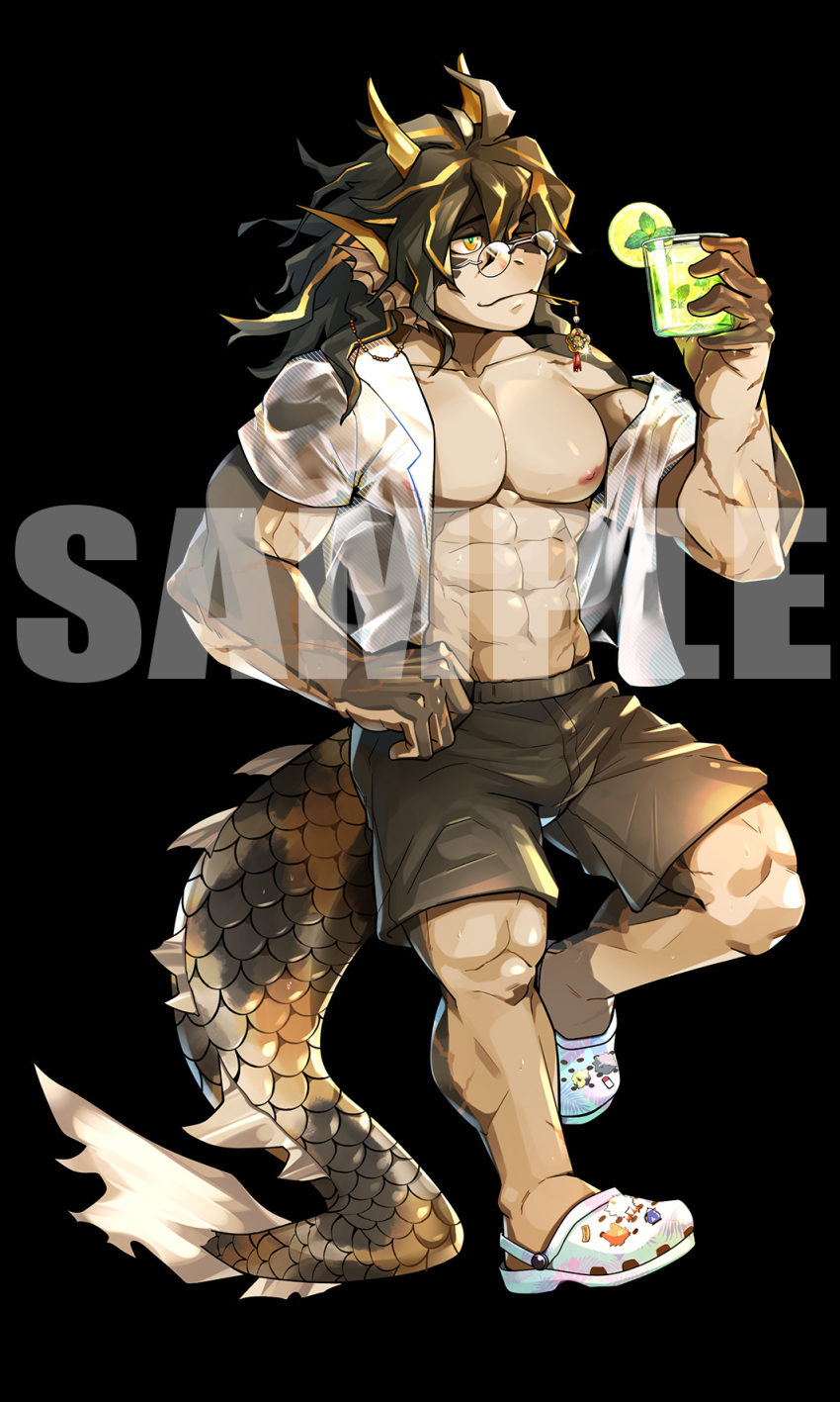 1boy abs acrylic_stand alternate_muscle_size arknights bara bare_shoulders black_background black_male_swimwear bulge cup dragon_boy dragon_tail fins fish_boy full_body furry furry_male head_fins highres holding holding_cup jitome large_pectorals lee_(arknights) long_hair looking_ahead male_focus male_swimwear muscular muscular_male navel nipples off_shoulder open_clothes open_shirt pectorals ppyong round_eyewear roung_eyewear sample_watermark see-through shirt smile solo stomach sweat swim_trunks tail very_sweaty wet wet_clothes wet_shirt