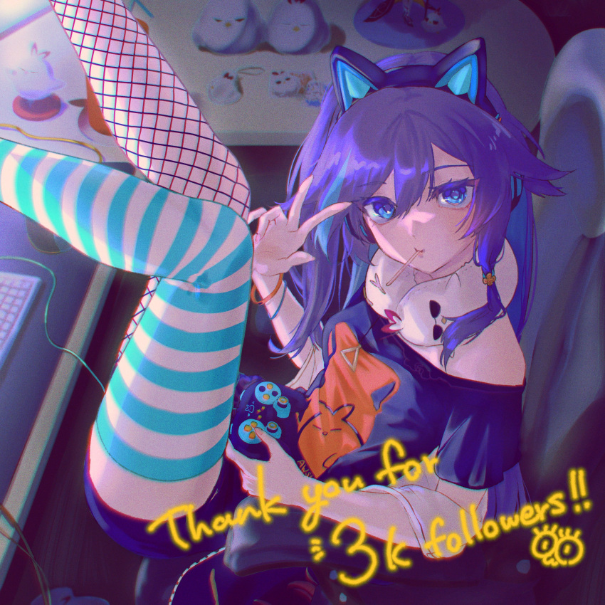 1girl absurdres alternate_costume animal_ear_headphones animal_ears bird black_shirt blue_eyes cat_ear_headphones chair controller desk english_commentary english_text fake_animal_ears fishnets fu_hua game_controller grey_hair headphones highres holding holding_controller holding_game_controller honkai_(series) honkai_impact_3rd hyourou_m indoors keyboard_(computer) legs_up looking_at_viewer milestone_celebration shirt single_thighhigh sitting solo thighhighs v
