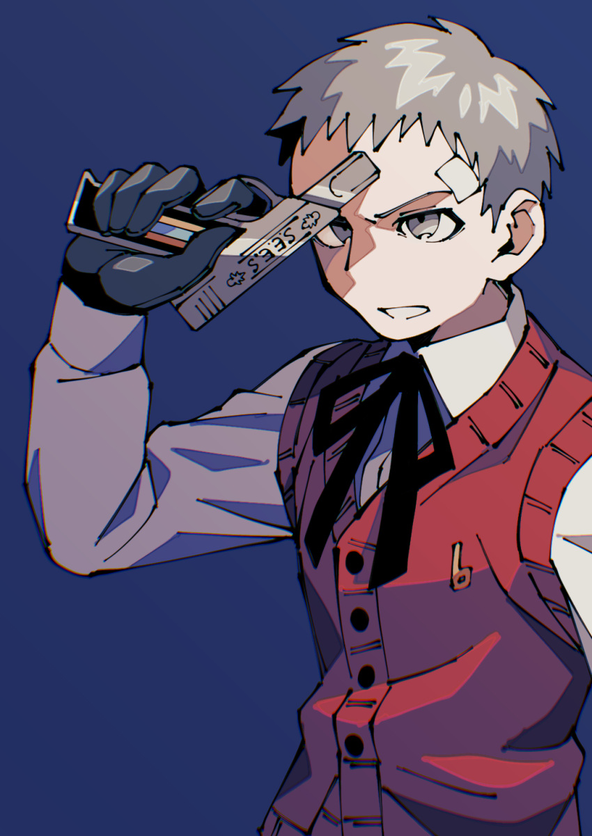 1boy bandaid bandaid_on_face black_gloves blue_background evoker gloves grey_eyes grey_hair gun gun_to_head handgun highres holding holding_gun holding_weapon male_focus persona persona_3 sanada_akihiko sanu_(numenume_7) school_uniform short_hair solo upper_body weapon