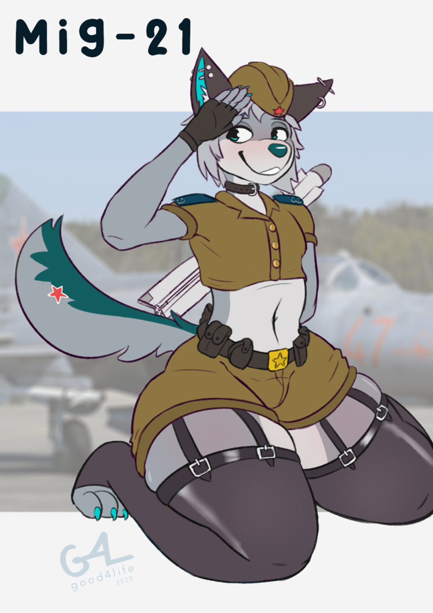 aircraft airplane anthro belly belt belt_buckle big_butt blue_eyes blush bottomwear bulge butt canid canine canis claws clothing cold_war collar crop_top fingerless_gloves gesture girly gloves good4life4ever grey_body hair handwear hat headgear headwear hi_res hotpants latex_stockings legwear male mammal mig-21 missile navel paws piercing russian salute shirt shorts sitting smile solo soviet_union star stockings tactical_belt tail thick_thighs topwear weapon white_belly wolf