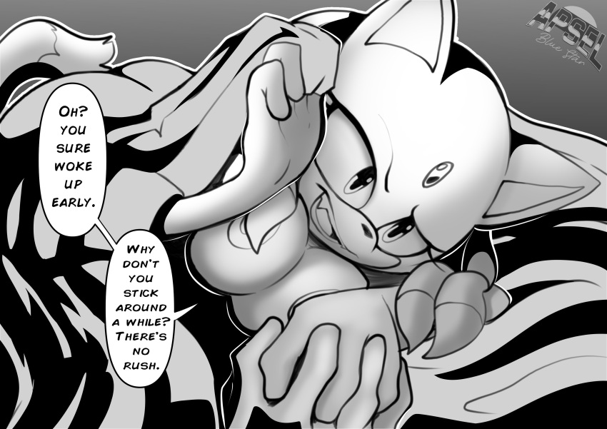 absurd_res anthro apsel_bluestar bed big_breasts blaze_the_cat breasts clothed clothing cover dialogue english_text eulipotyphlan female first_person_view furniture hair hand_holding hedgehog hi_res long_hair mammal monochrome nipples sega solo sonic_the_hedgehog_(series) speech_bubble text topless topless_female