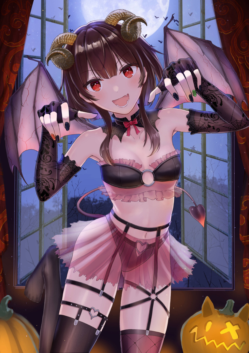 1girl :d absurdres asymmetrical_legwear bare_shoulders bat_(animal) black_bra black_gloves black_nails black_panties black_thighhighs blue_sky blush bow bowtie bra breasts brown_hair claw_pose cleavage collarbone commentary contrapposto curled_horns curtains demon_girl demon_horns demon_tail demon_wings detached_collar elbow_gloves fang fingerless_gloves fishnet_thighhighs fishnets foot_up forest frilled_bra frilled_skirt frills full_moon garter_belt garter_straps gloves green_nails hair_between_eyes hair_over_shoulder halloween halloween_costume head_tilt heart_o-ring highres horns isome jack-o'-lantern kono_subarashii_sekai_ni_shukufuku_wo! lace lace_gloves looking_at_viewer lower_teeth_only megumin midriff miniskirt moon multicolored_nails nail_polish nature navel night no_shoes o-ring_bra open_mouth open_window panties pink_bra pink_skirt pumpkin red_bow red_bowtie red_eyes red_nails see-through see-through_gloves see-through_skirt see-through_thighhighs short_hair short_hair_with_long_locks sidelocks skin_fang skirt sky small_breasts smile solo tail teeth thigh_strap thighhighs tree two-tone_bra underwear v-shaped_eyebrows veins window wings