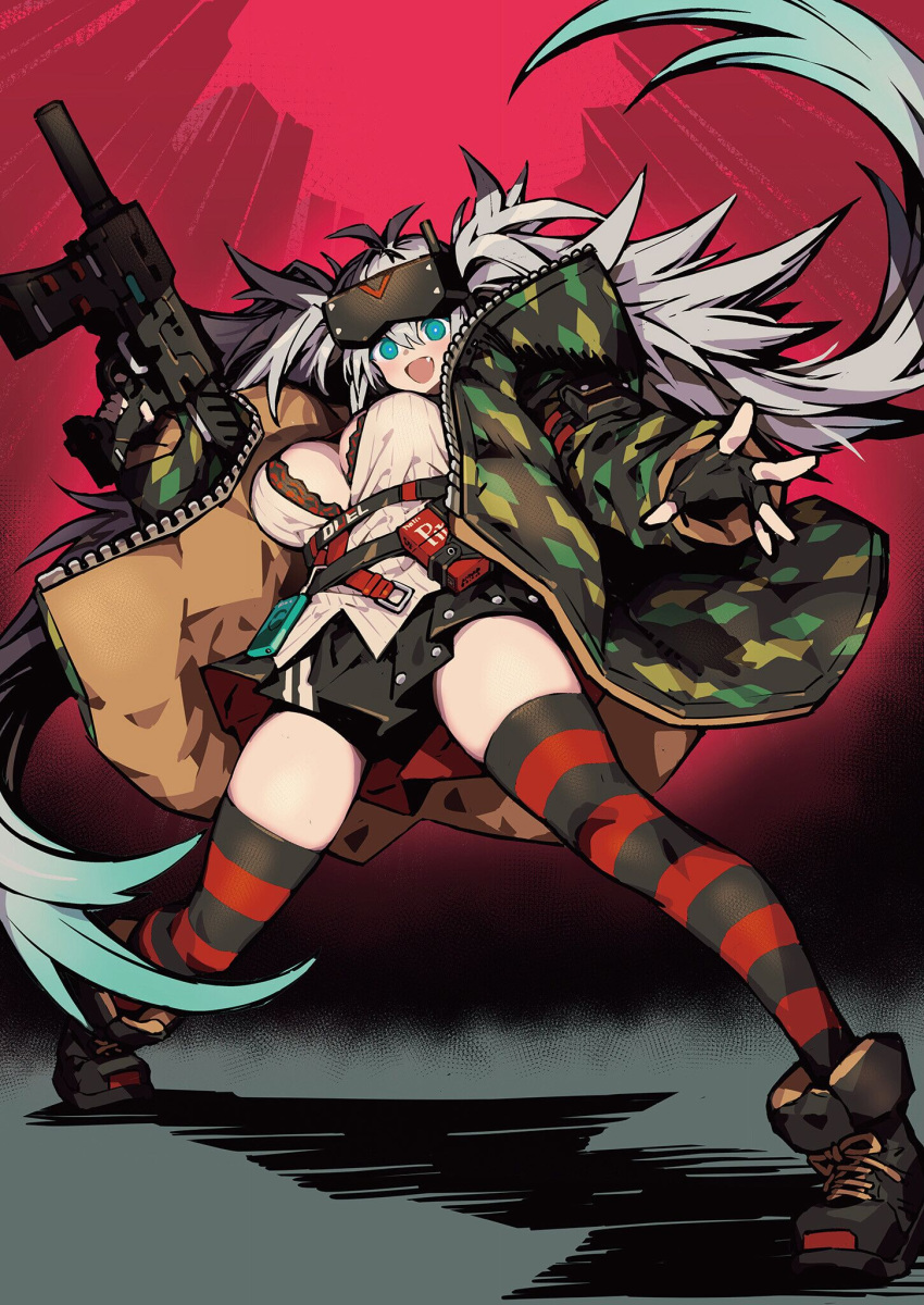 1girl black_gloves black_skirt blush breasts camouflage camouflage_jacket center_opening cleavage cross-laced_footwear fang fbc fingerless_gloves from_below gloves goggles goggles_on_head green_eyes grey_hair highres jacket large_breasts long_hair looking_at_viewer making-of_available open_clothes open_jacket open_mouth original pleated_skirt shadow skirt solo standing striped striped_thighhighs thighhighs zettai_ryouiki