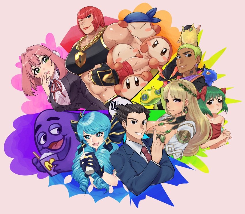 4boys 4girls 6+others absurdres ace_attorney androgynous armor biceps black_gloves black_hair black_sports_bra blonde_hair blue_bow blue_eyes blue_gloves blue_hair blue_jacket blue_suit blush blush_stickers bow braid breasts brown_eyes chain chain_necklace collared_shirt color_coordination color_wheel color_wheel_challenge copy_ability crossover crown_braid dark-skinned_male dark_skin demeter_(fate) detached_sleeves dizzy_(valorant) dress drill_hair earrings fate/grand_order fate_(series) feathers fingerless_gloves flower gekko_(valorant) gloves gold_chain green_eyes green_hair grimace_(mcdonald's) gwen_(league_of_legends) hair_bow hair_flower hair_ornament hanazono_hakari hand_wraps head_wreath highres jacket jewelry kimi_no_koto_ga_dai_dai_dai_dai_daisuki_na_100-nin_no_kanojo kirby_(series) large_breasts laurel_crown league_of_legends long_hair long_sleeves looking_at_viewer marisa_(street_fighter) mcdonald's medium_hair milkshake minase_itsuki_(vs_janshi_brand-new_stars) multiple_boys multiple_crossover multiple_girls multiple_others muscular muscular_female neck_tattoo necklace necktie one_eye_closed open_mouth otoko_no_ko pauldrons phoenix_wright pink_hair purple_eyes red_bow red_dress red_hair red_necktie ruga_(vagryu) school_uniform shirt short_hair shoulder_armor smile spiked_hair sports_bra street_fighter street_fighter_6 suit tall_female tattoo thrash_(valorant) toon_(style) triceps twin_drills twintails upper_body valorant veins veiny_arms vs_janshi_brand-new_stars waddle_dee white_feathers white_shirt white_sleeves wingman_(valorant)