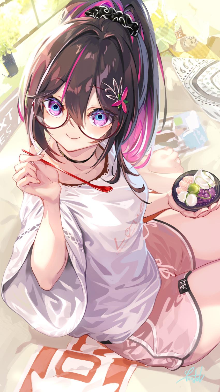 azki_(hololive) barefoot black_hair breasts dolphin_shorts flower glasses hair_flower hair_ornament highres holding hololive long_sleeves loungewear mole mole_under_eye multicolored_hair pink_hair pink_shorts pondel ponytail purple_eyes shirt shorts signature sitting smile white_hair white_shirt