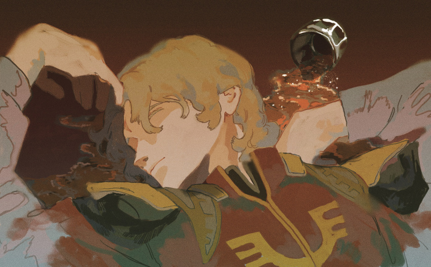 0ml 1boy absurdres alcohol blonde_hair char's_counterattack char_aznable closed_eyes closed_mouth cup drinking_glass expressionless film_grain gundam hair_down high_collar highres jacket long_sleeves lying male_focus military_uniform on_floor red_background red_jacket scar scar_on_face scar_on_forehead short_hair simple_background solo spill uniform upper_body