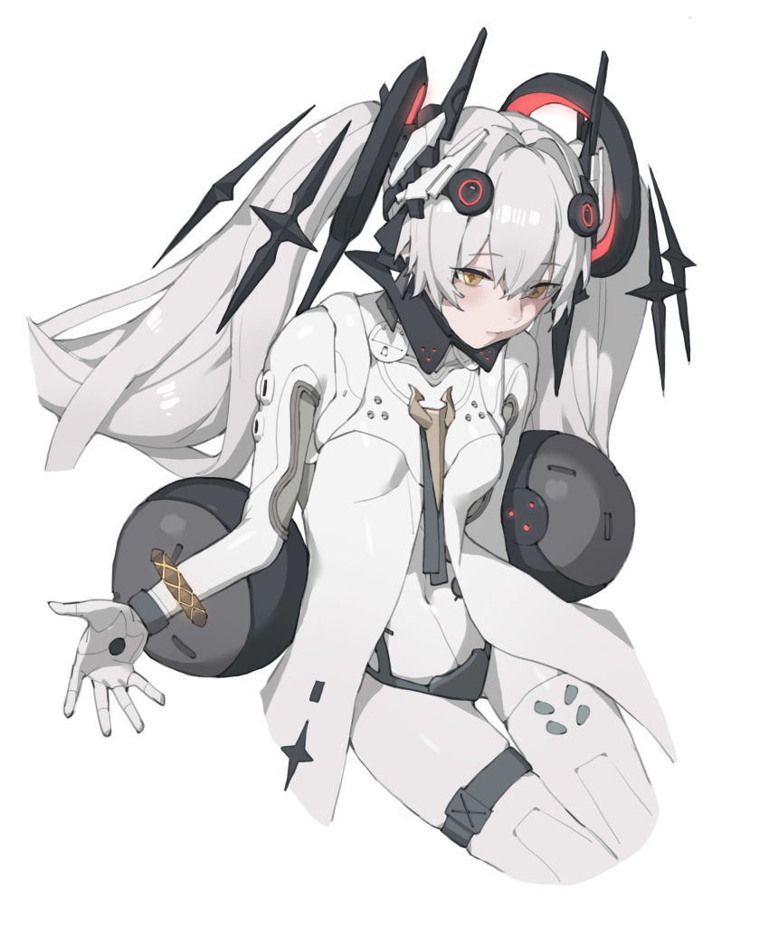 1girl absurdres bodysuit bracelet collar cross-shaped_pupils feet_out_of_frame floating_hair_ornament floating_headgear hair_between_eyes headgear highres jewelry looking_down luna:_laurel_(punishing:_gray_raven) luna_(punishing:_gray_raven) metal_collar nainainainainaiya orb punishing:_gray_raven simple_background skin_tight skindentation solo symbol-shaped_pupils thigh_strap twintails white_background white_bodysuit white_hair yellow_eyes