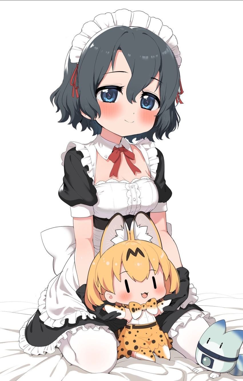 2girls alternate_size animal_ears apron back_bow black_dress black_gloves black_hair blue_eyes blush bow bowtie cat_ears cat_girl cat_tail center_frills dress extra_ears frilled_apron frilled_dress frills gloves high-waist_skirt highres kaban_(kemono_friends) kemono_friends looking_at_viewer lucky_beast_(kemono_friends) maid maid_apron maid_day maid_headdress multiple_girls on_bed pantyhose print_bow print_bowtie print_skirt print_thighhighs puffy_short_sleeves puffy_sleeves ransusan serval_(kemono_friends) serval_print shirt short_hair short_sleeves sitting skirt smile tail thighhighs wariza white_apron white_pantyhose white_shirt zettai_ryouiki