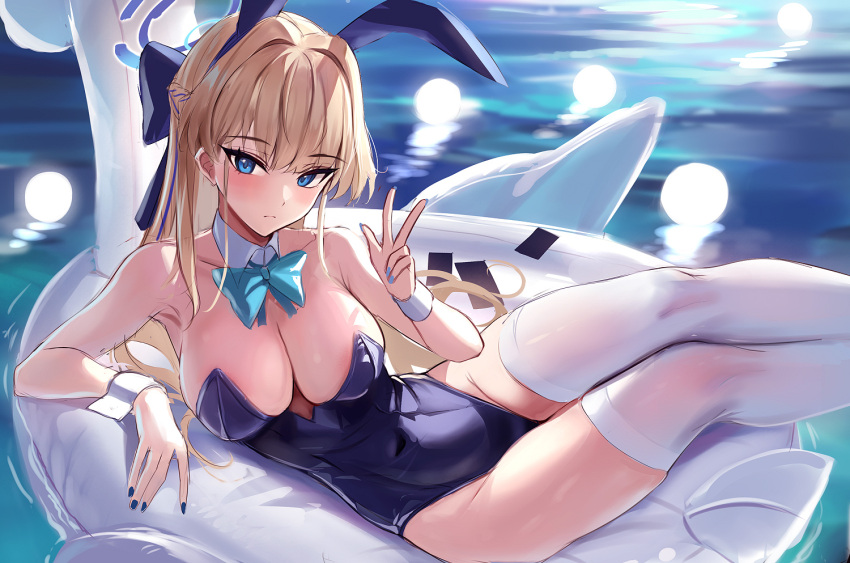 1girl animal_ears bare_shoulders blonde_hair blue_archive blue_bow blue_eyes blue_hairband blue_leotard blue_nails bow bowtie braid breasts detached_collar fake_animal_ears hairband halo highleg highleg_leotard inflatable_raft large_breasts leotard long_hair lying official_alternate_costume official_alternate_hairstyle on_side playboy_bunny rabbit_ears stone_(ksorede) thighhighs thighs toki_(blue_archive) toki_(bunny)_(blue_archive) very_long_hair w water white_thighhighs wrist_cuffs