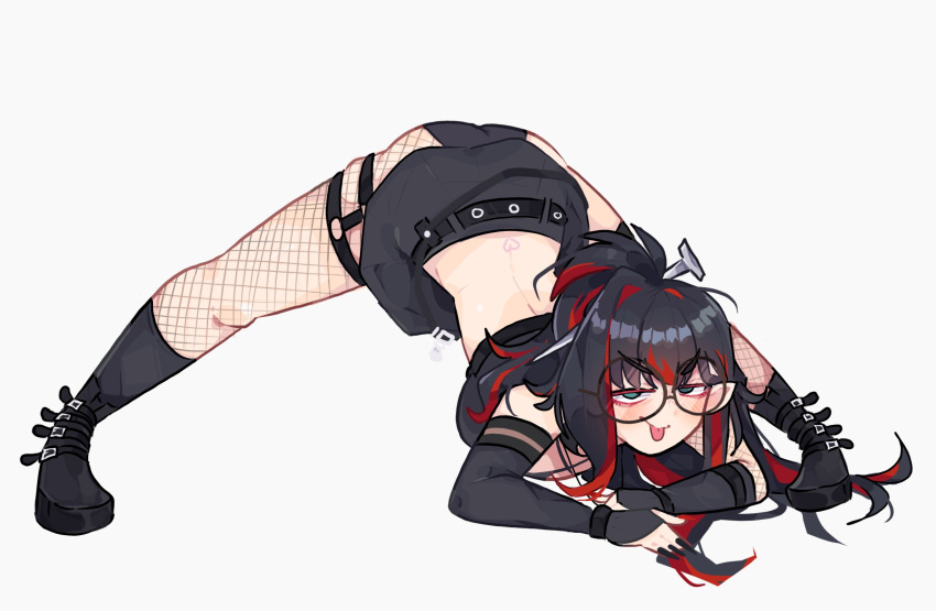 1girl black_hair boots breasts commentary english_commentary fishnets glasses green_eyes highres jack-o'_challenge long_hair looking_at_viewer mika_melatika multicolored_hair nijisanji nijisanji_id panties pointy_ears red_hair simple_background skirt solo streaked_hair tongue tongue_out underwear unfamousradish white_background