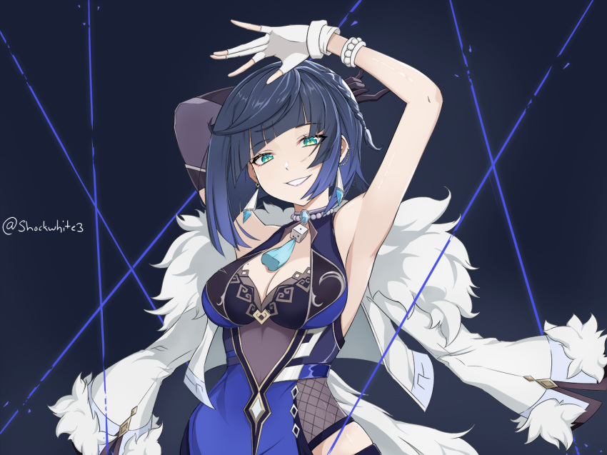 1girl arm_behind_head armpits arms_up asymmetrical_gloves bare_shoulders bead_bracelet bead_choker beads black_background blue_dress blue_hair bob_cut bracelet breasts cleavage clenched_teeth diagonal_bangs dice dress earrings elbow_gloves fur-trimmed_jacket fur_trim genshin_impact gloves gradient_hair green_eyes jacket jacket_on_shoulders jewelry large_breasts looking_at_viewer mismatched_gloves mole mole_on_breast multicolored_hair neck_tassel open_mouth partially_fingerless_gloves shockwhite3 short_hair single_elbow_glove smile solo string tassel tassel_choker teeth twitter_username upper_body waist_cutout white_jacket yelan_(genshin_impact)